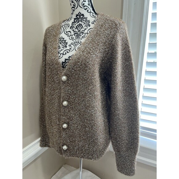 BOSTON PROPER Womens Gold Metallic Med Cardigan Sweater Pearl Buttons Holiday - Picture 3 of 14